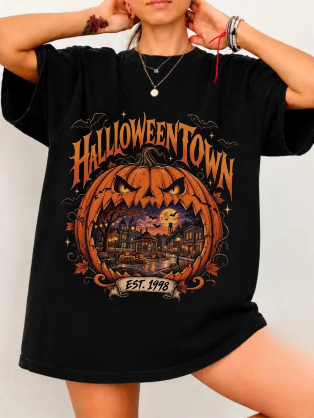 Gildan Black Halloween Town Pumpkin Graphic Tshirt